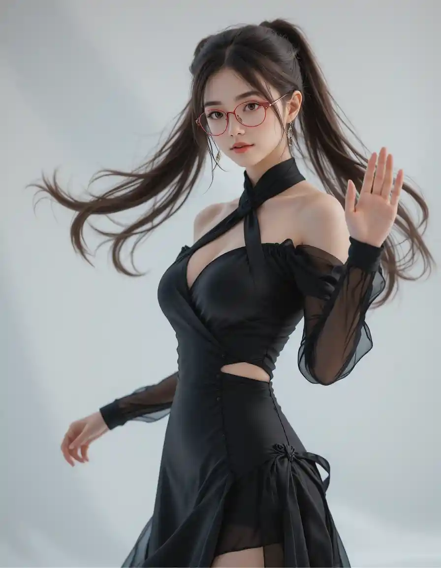 Elegant Japanese heroine in black fantasy fashion dress