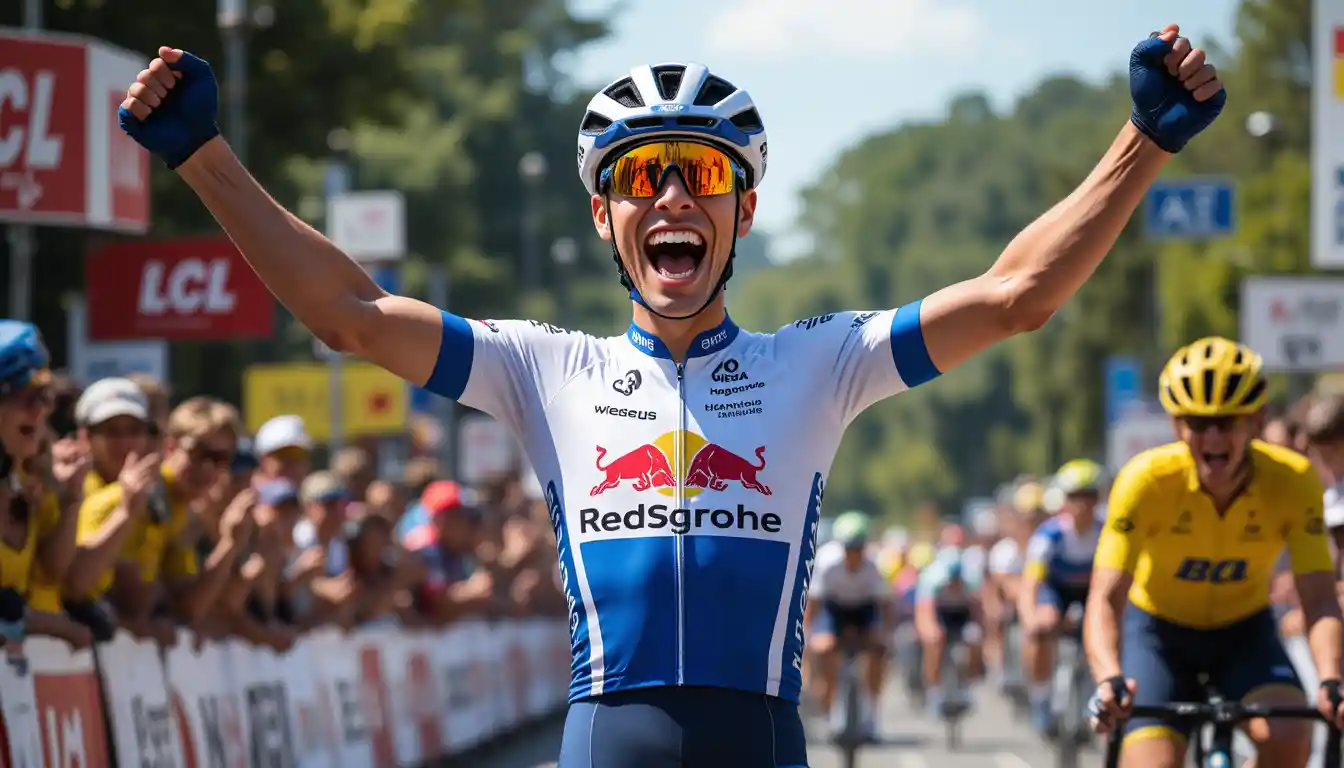 Triumphant male cyclist celebrating victory in bright sunlight