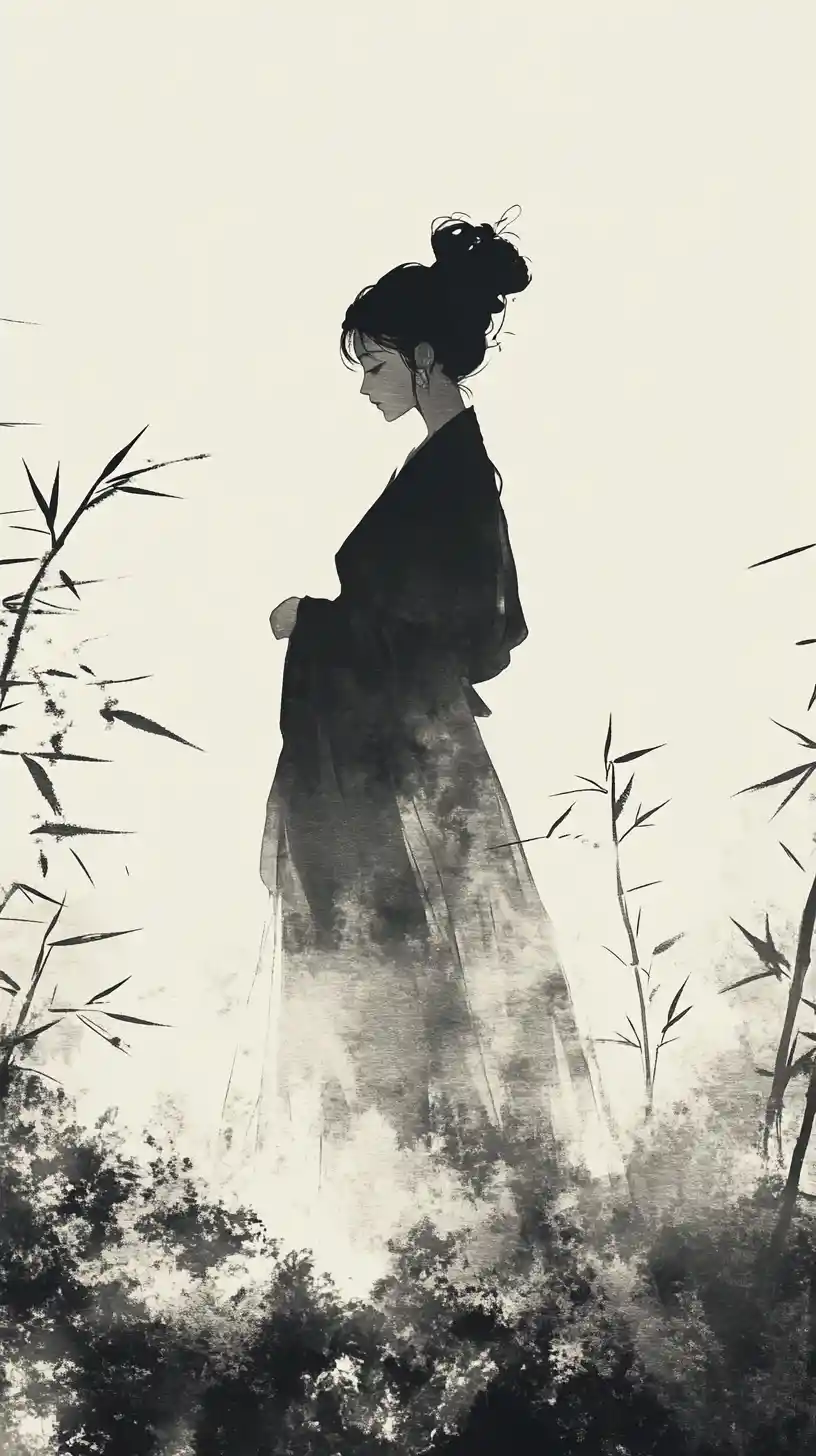 Elegant woman in ink wash standing in bamboo forest