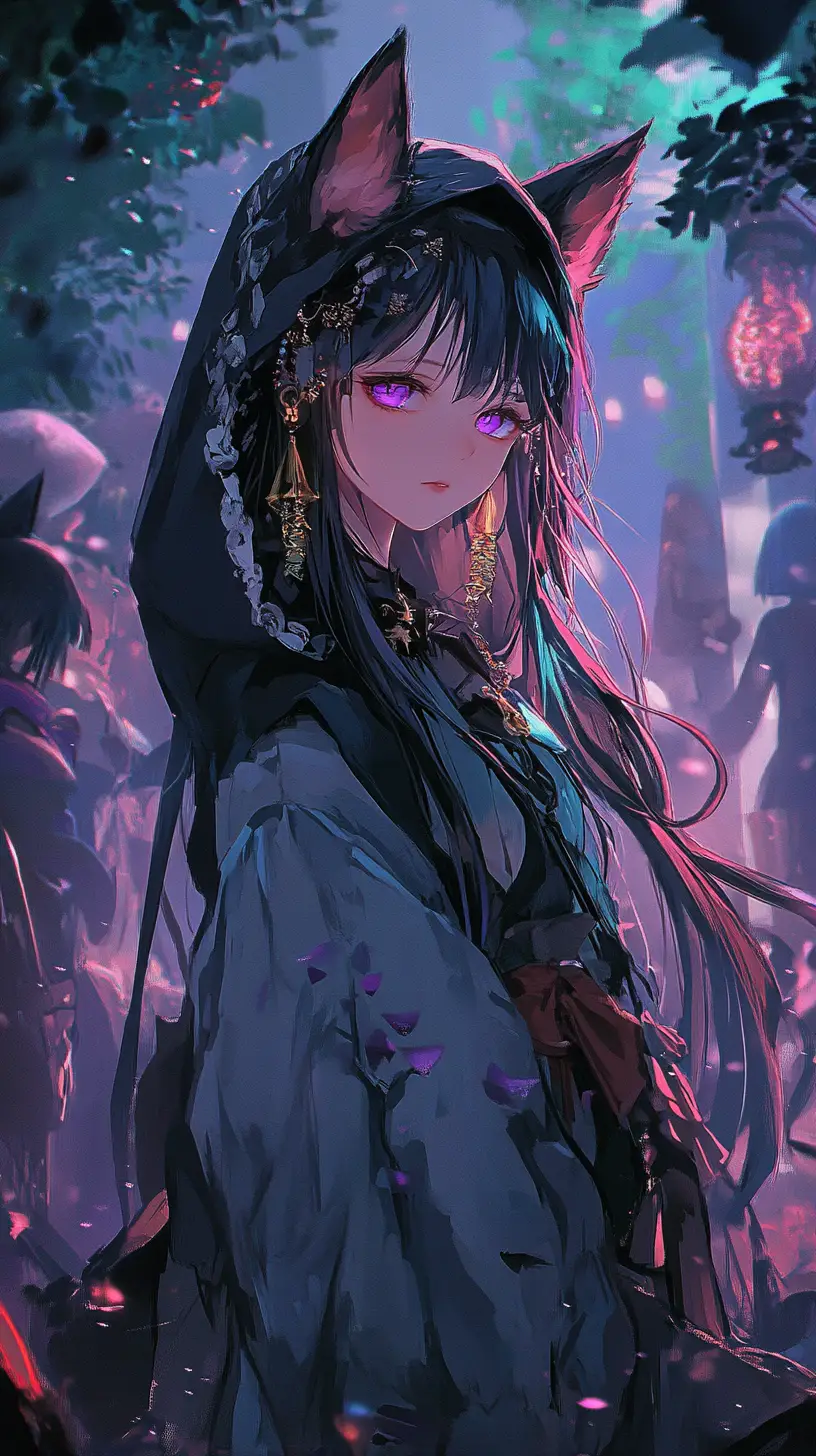 Anime girl dancing in a surreal purple fantasy landscape