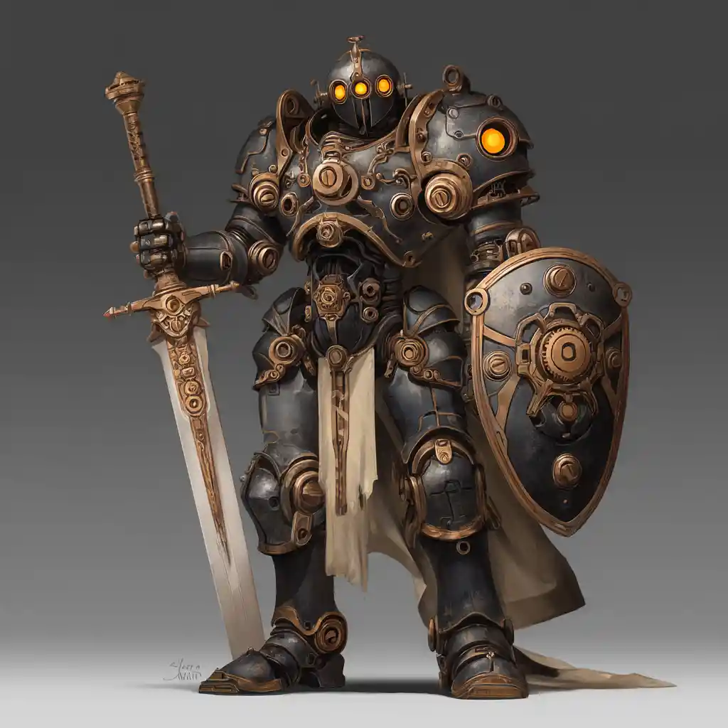 Warforged paladin in bronze steampunk armor with golden eyes