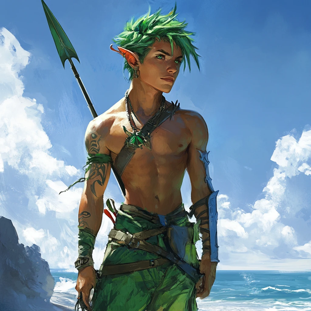 Ocean elf warrior with green hair and spear