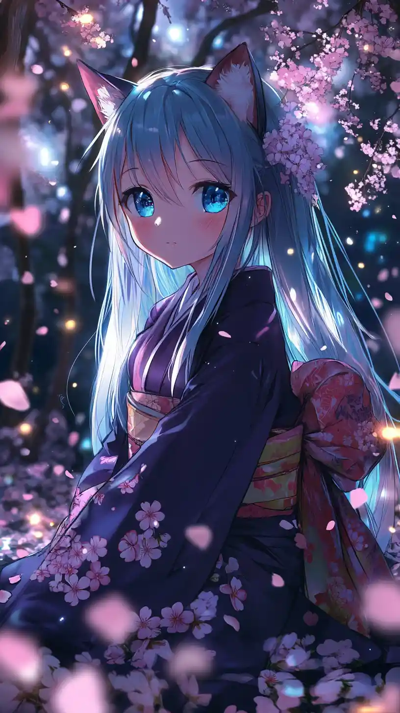Ragazza anime in kimono sotto i ciliegi in fiore al chiaro di luna