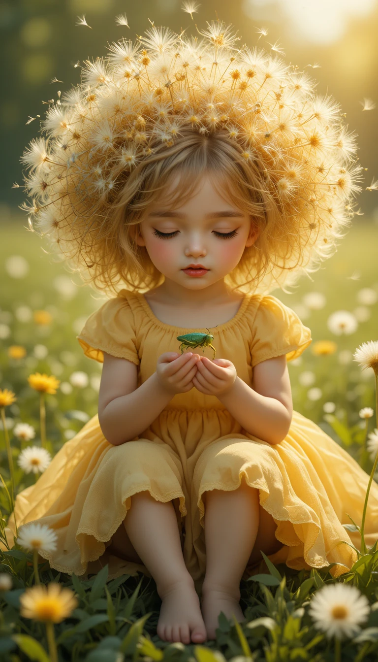 Fantasy girl with dandelion hair in a sunlit meadow
