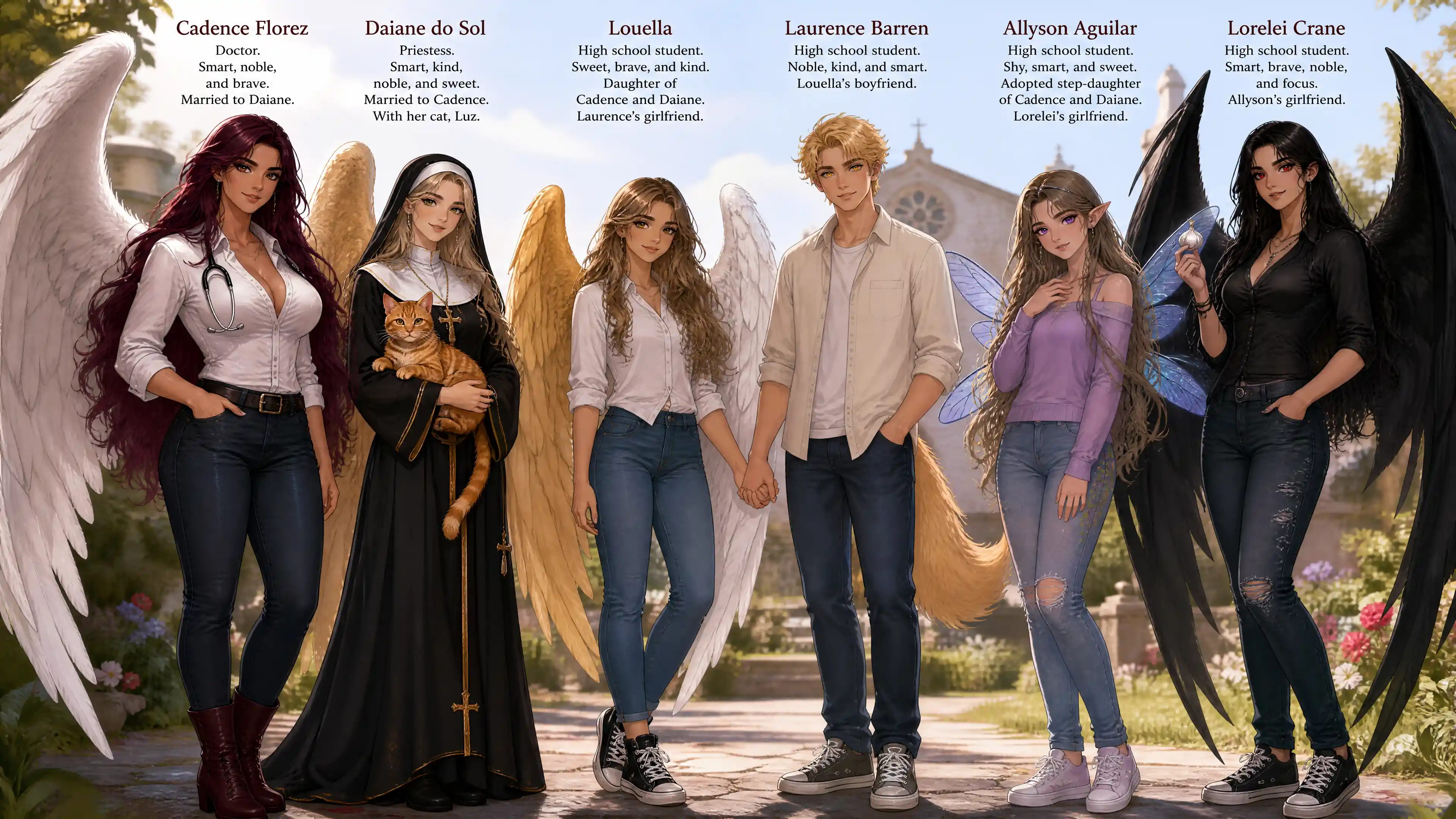 Fantasy Colombian woman with majestic swan wings in casual clothes