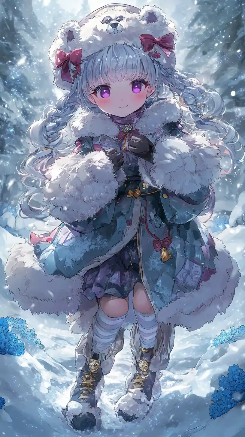 Anime girl in ornate winter dress with braided hair