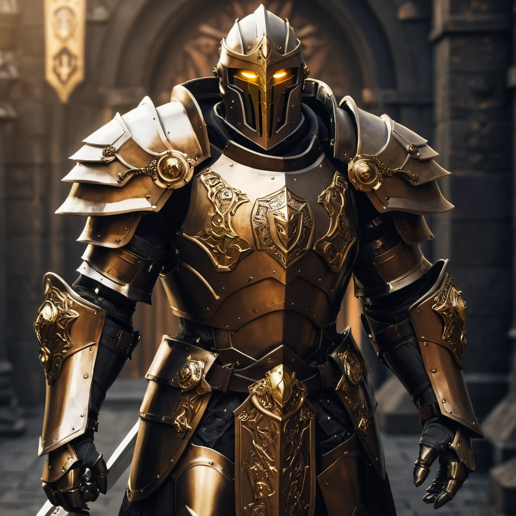 Warforged paladin in bronze armor with sword and shield