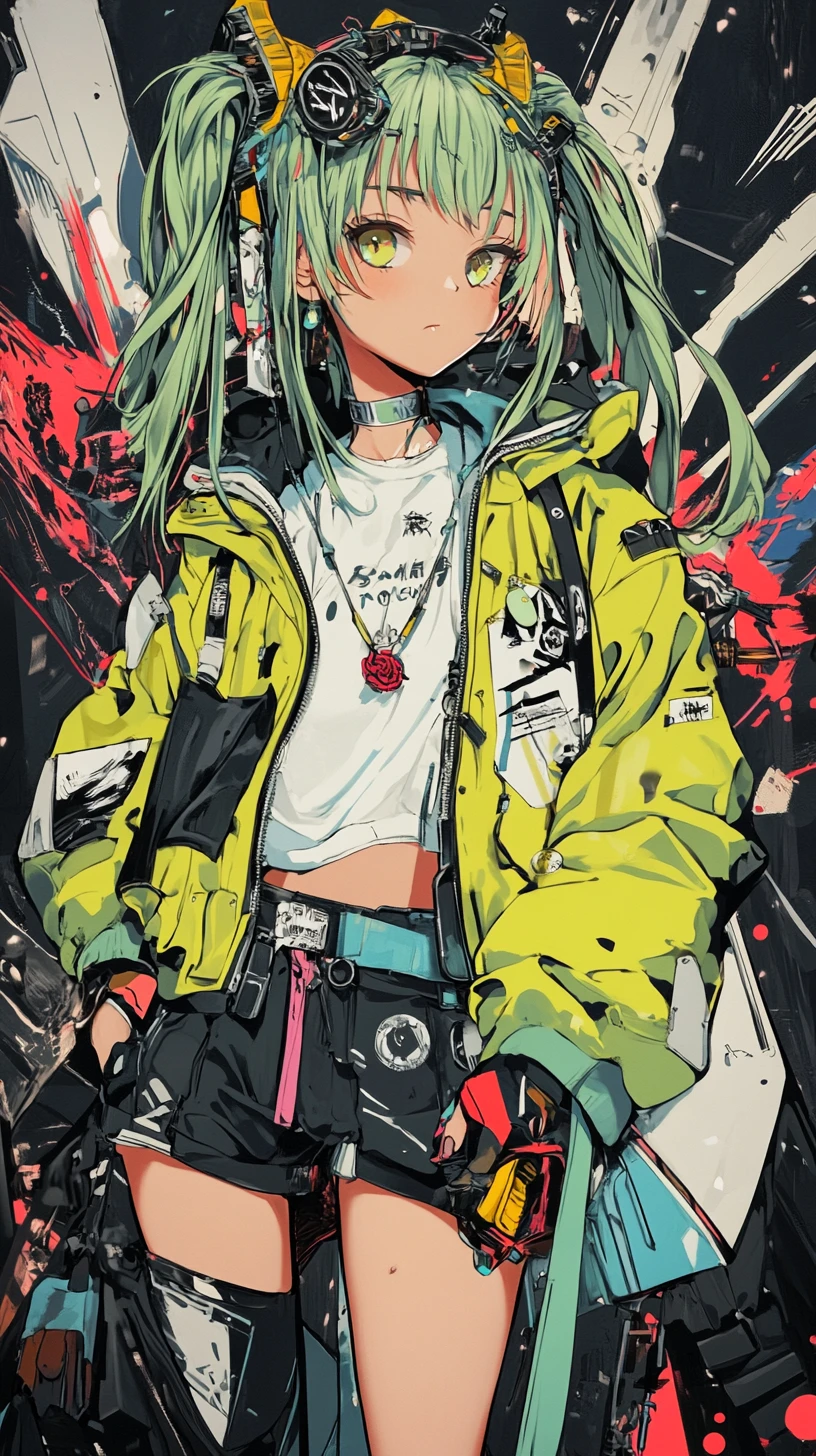 Anime girl in elaborate neon outfit with metal accessories