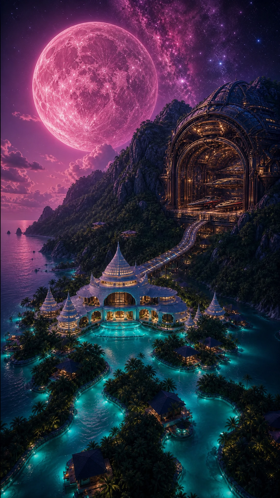 Futuristic tropical resort beneath a glowing nebula moon