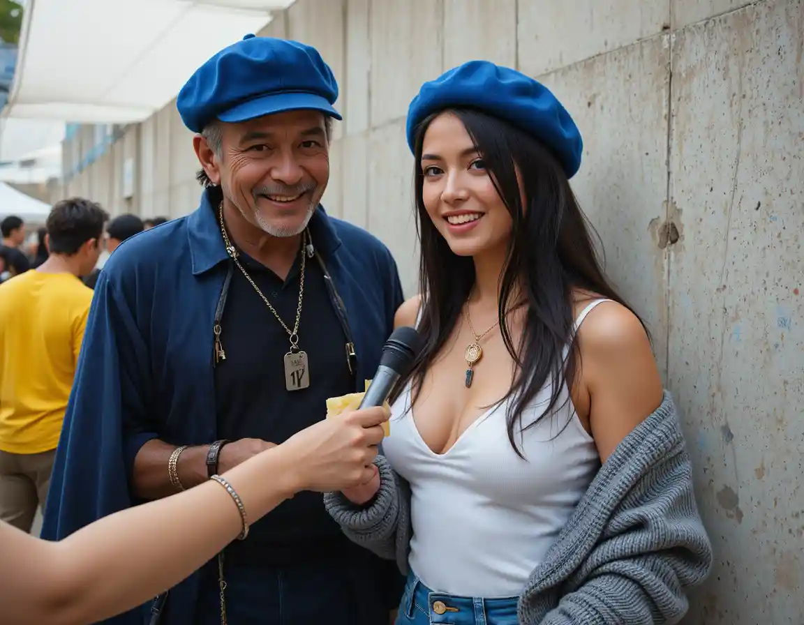 Journalist Interviewing Elderly Man At Outdoor Festival