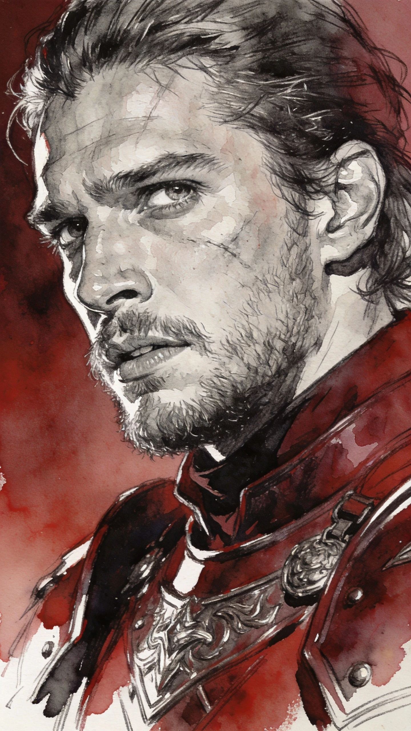 Low angle portrait of a fantasy man in dark red armor
