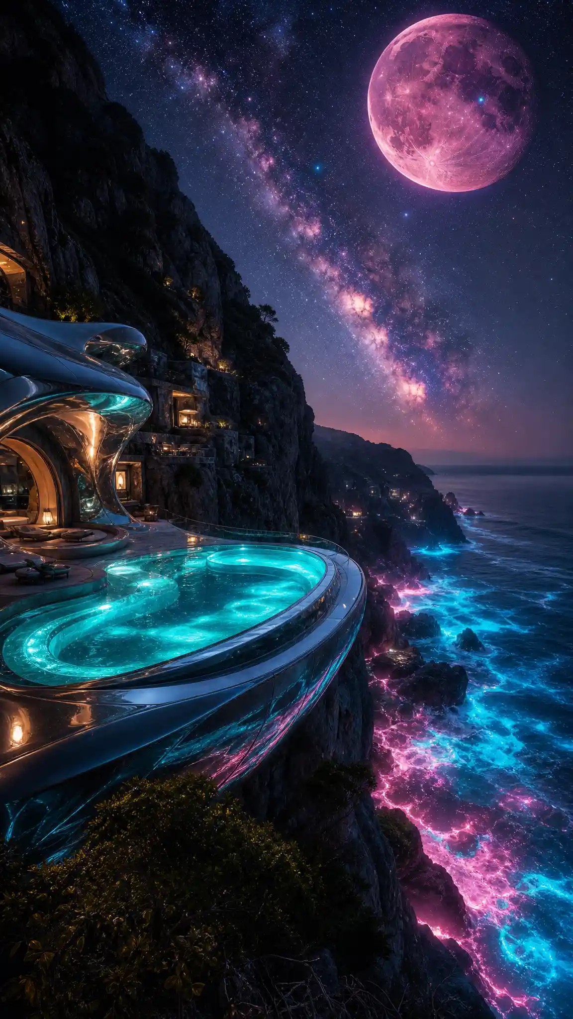 Futuristic cliffside jacuzzi overlooking glowing ocean and sky