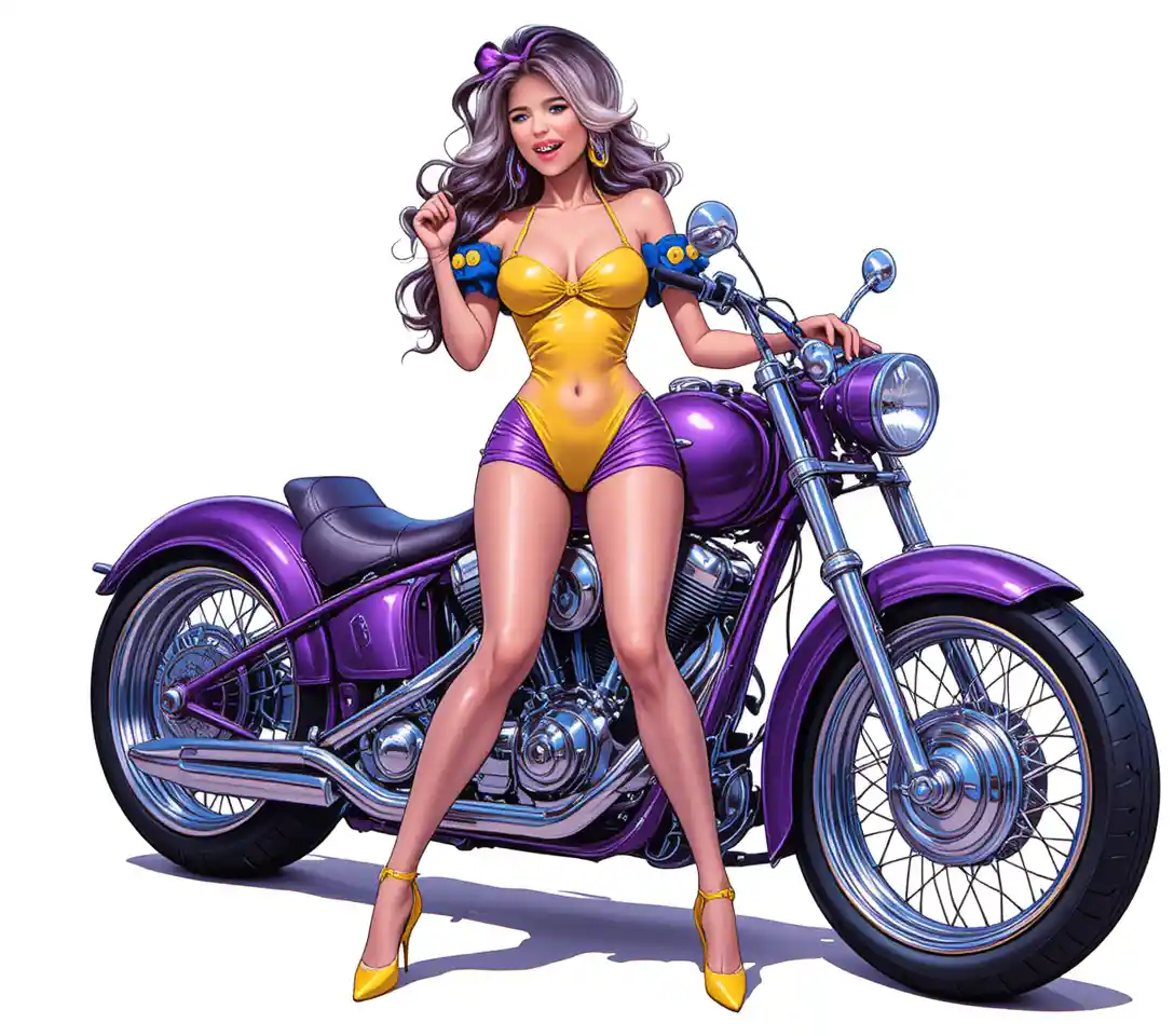 Retro pin up biker woman with purple motorcycle