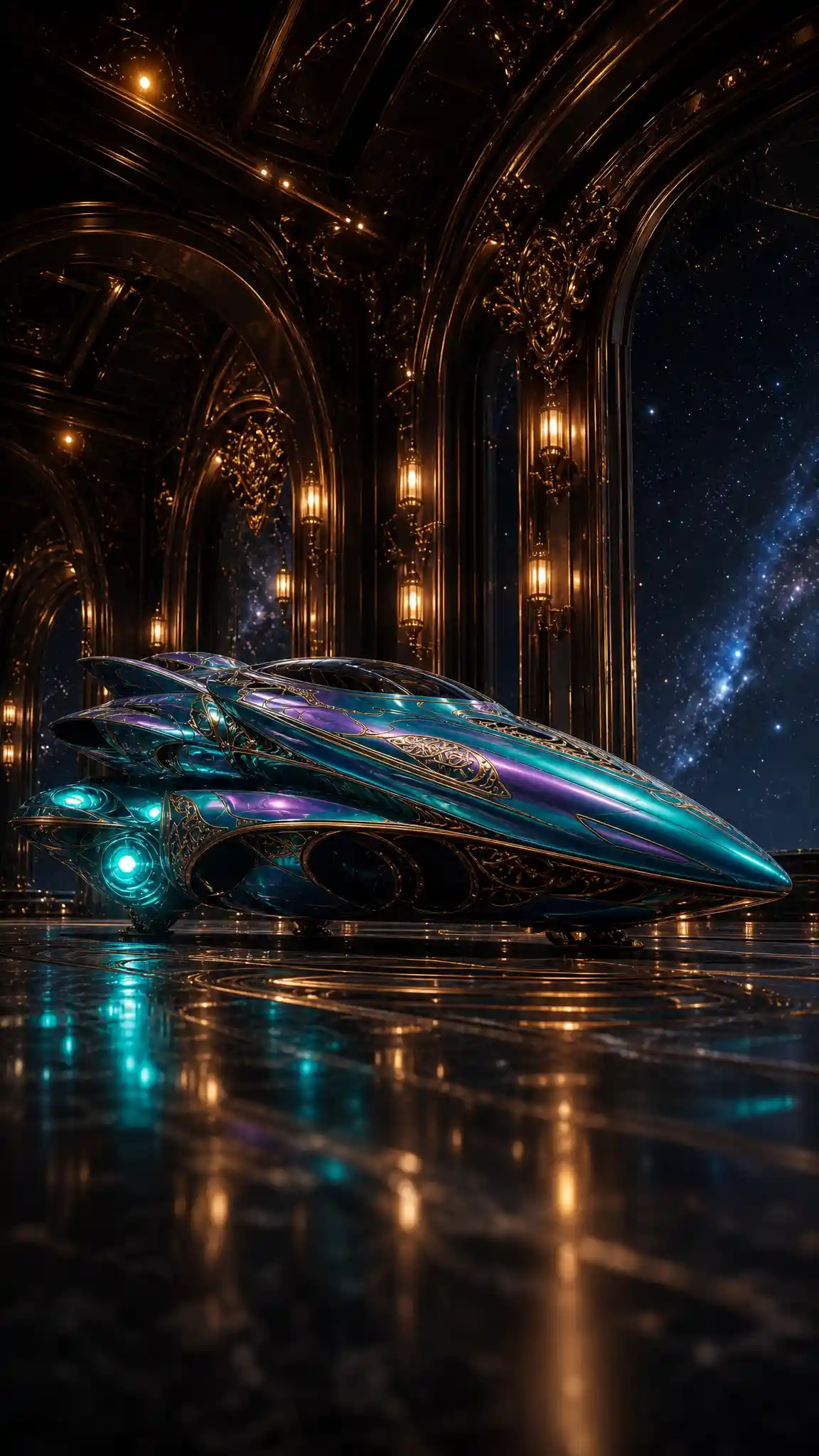 Majestic teal spacecraft seen from a low ground perspective