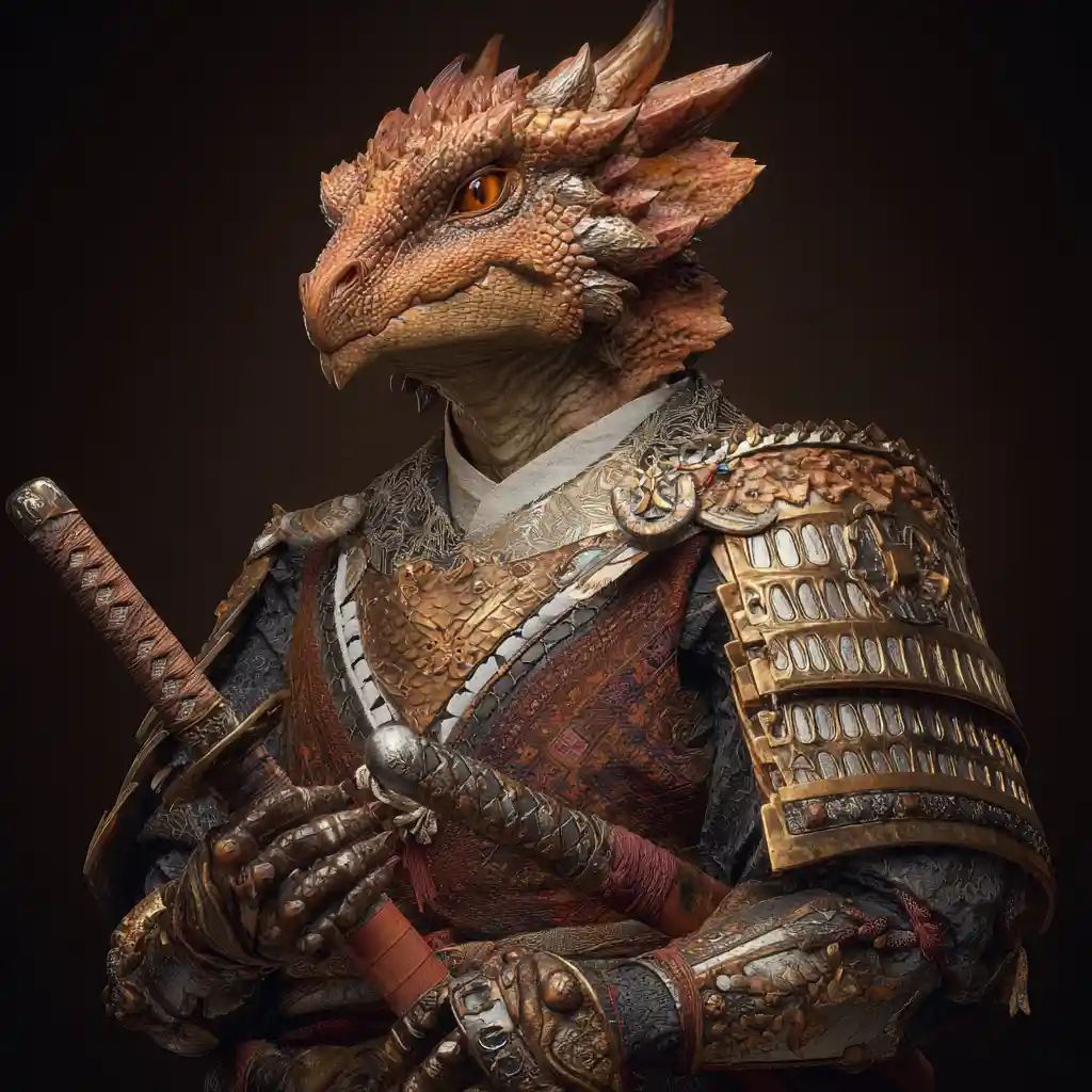 Dragonborn warrior in samurai armor with copper scales