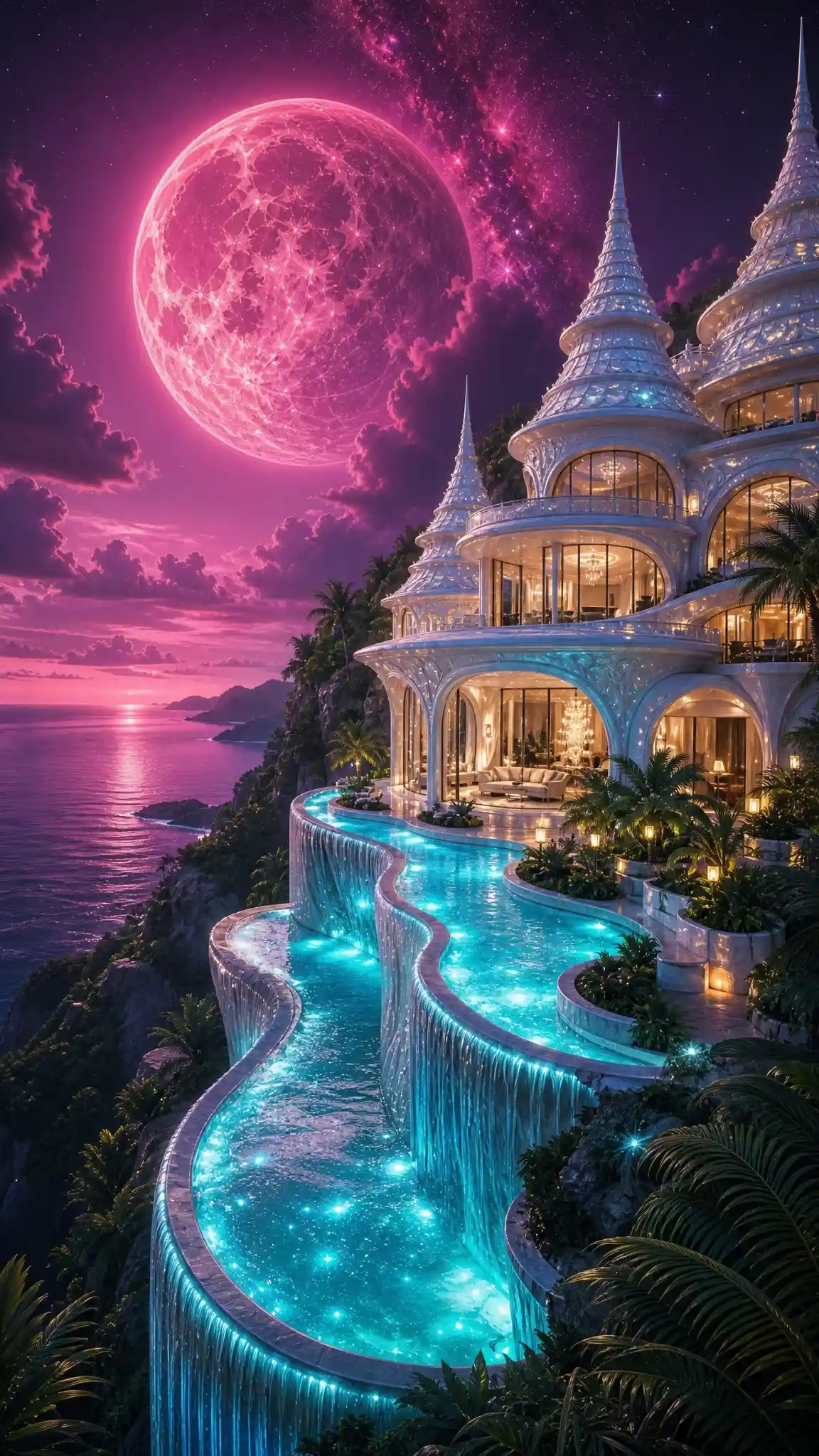 Futuristic Biomorphic Spire Above Tropical Jungle Pool