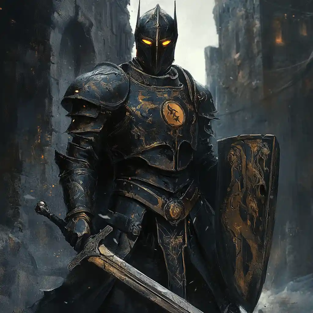 Warforged paladin in bronze armor with sword and shield