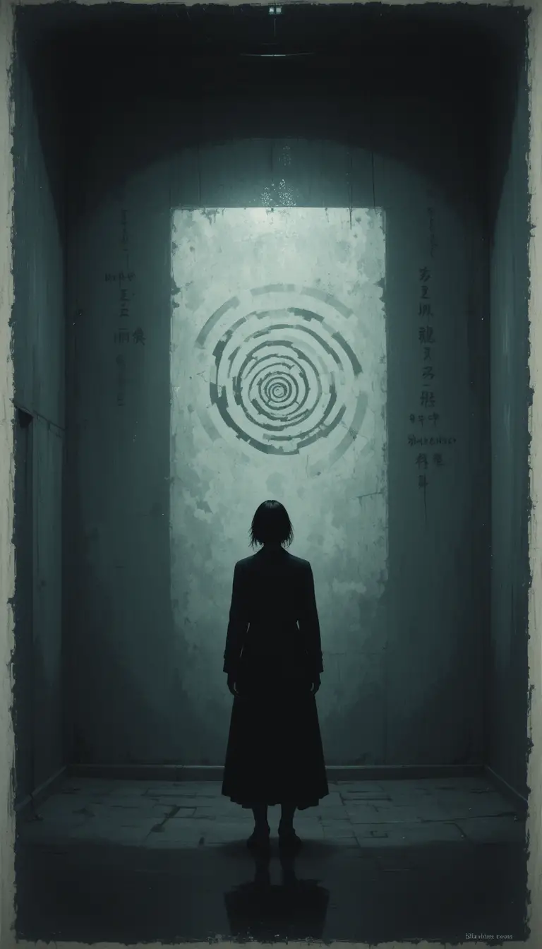 Solitary figure facing away in a dim empty room