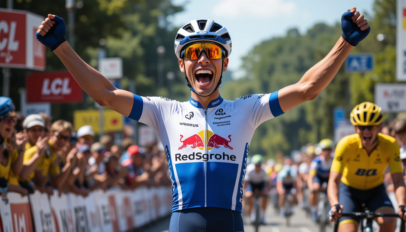 Triumphant male cyclist celebrating victory in bright sunlight