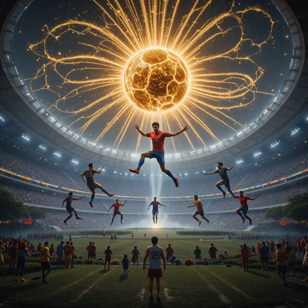 Glowing Soccer Ball Above Futuristic Fantasy Stadium