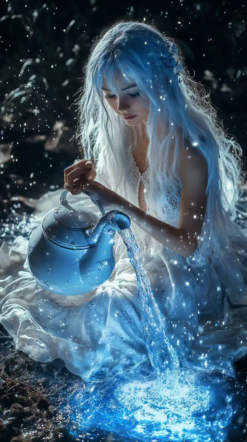 Aquarius girl pouring water in surreal cosmic scene