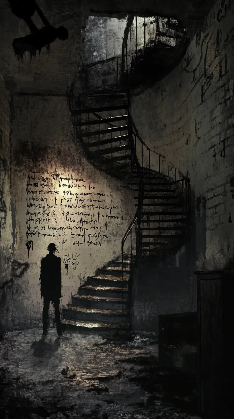 Man in a dim room before a looming spiral staircase