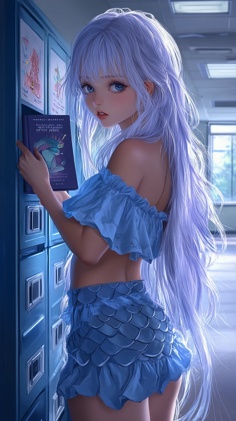 Anime girl reaching for a book in school hallway
