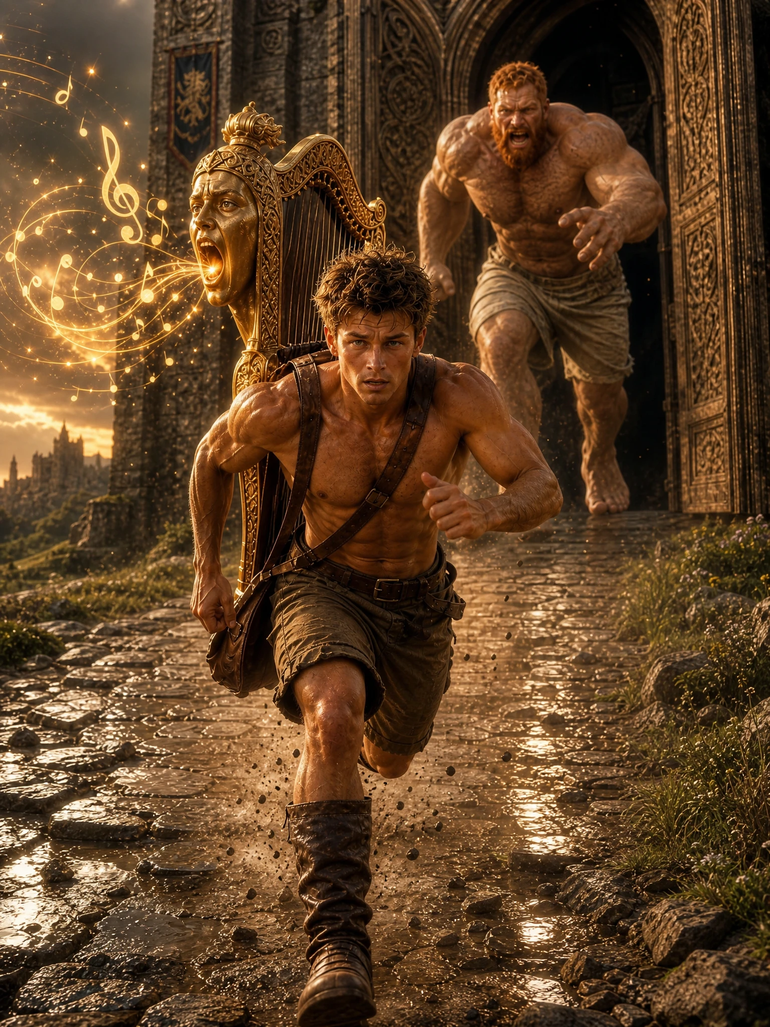 Jack sprinting from the giant castle into open sunlight