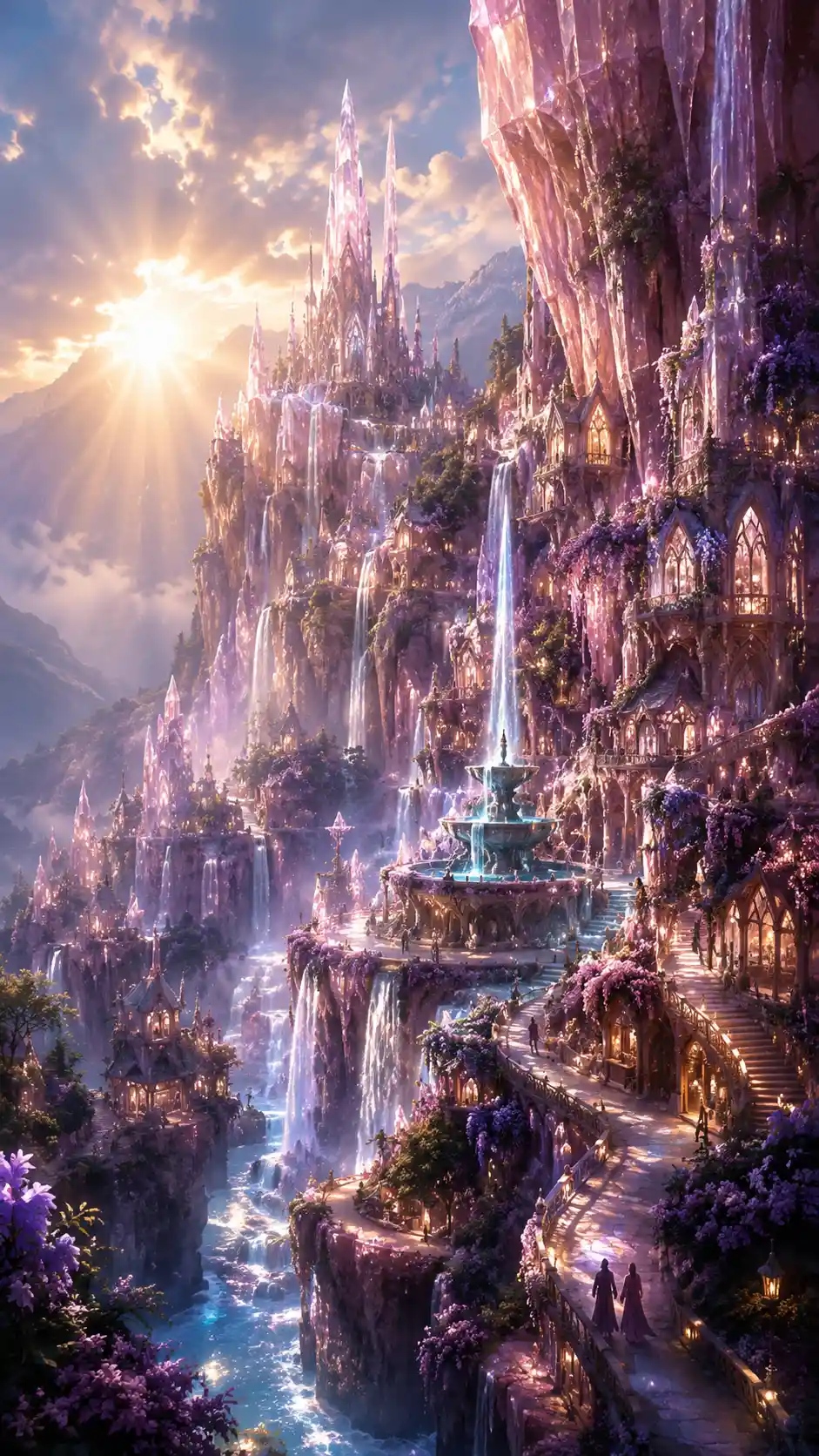 Romantic crystal city carved into luminous fantasy cliffs