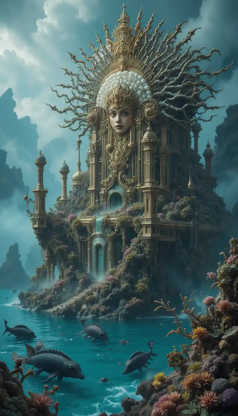 Siren queen reigning over an enchanted island palace