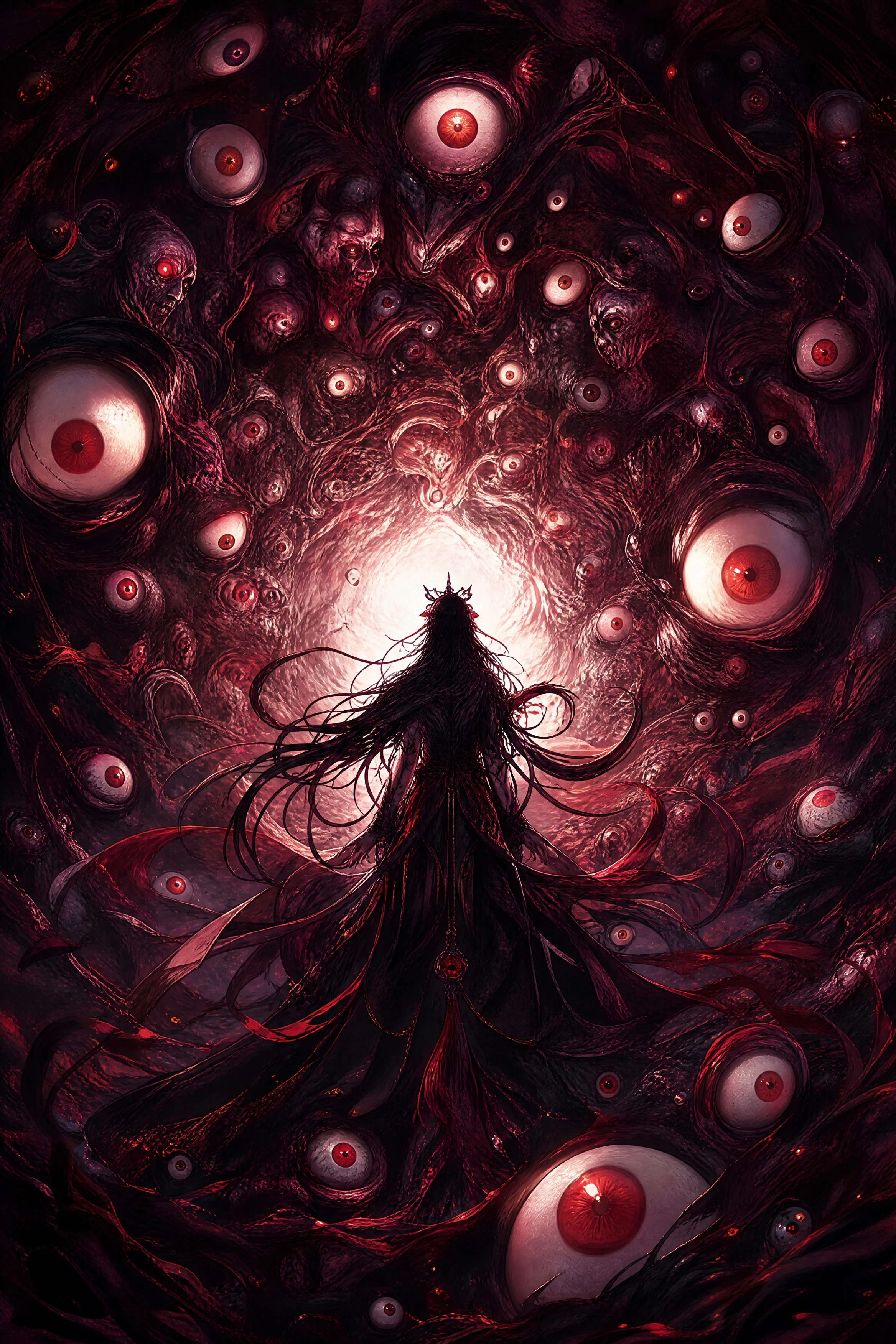 Solitary figure before a vortex of watching eyes