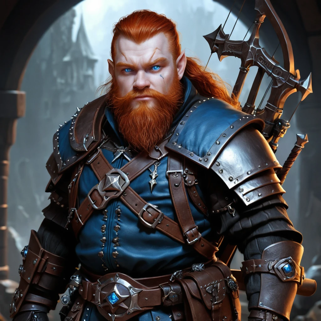 Red haired dwarf with crossbow in dark fantasy armor