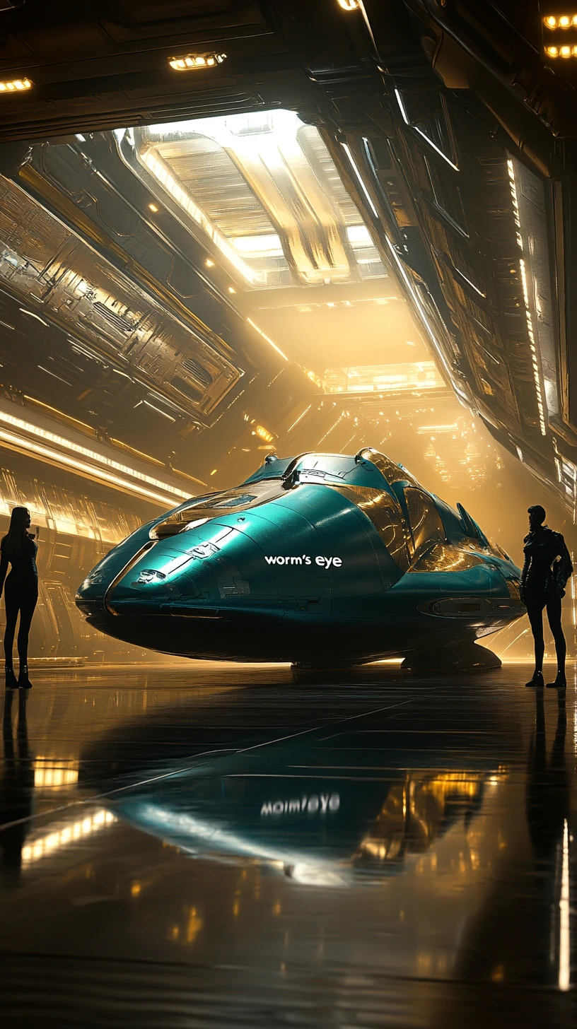 Women beside an iridescent teal spaceship in a luxury hangar