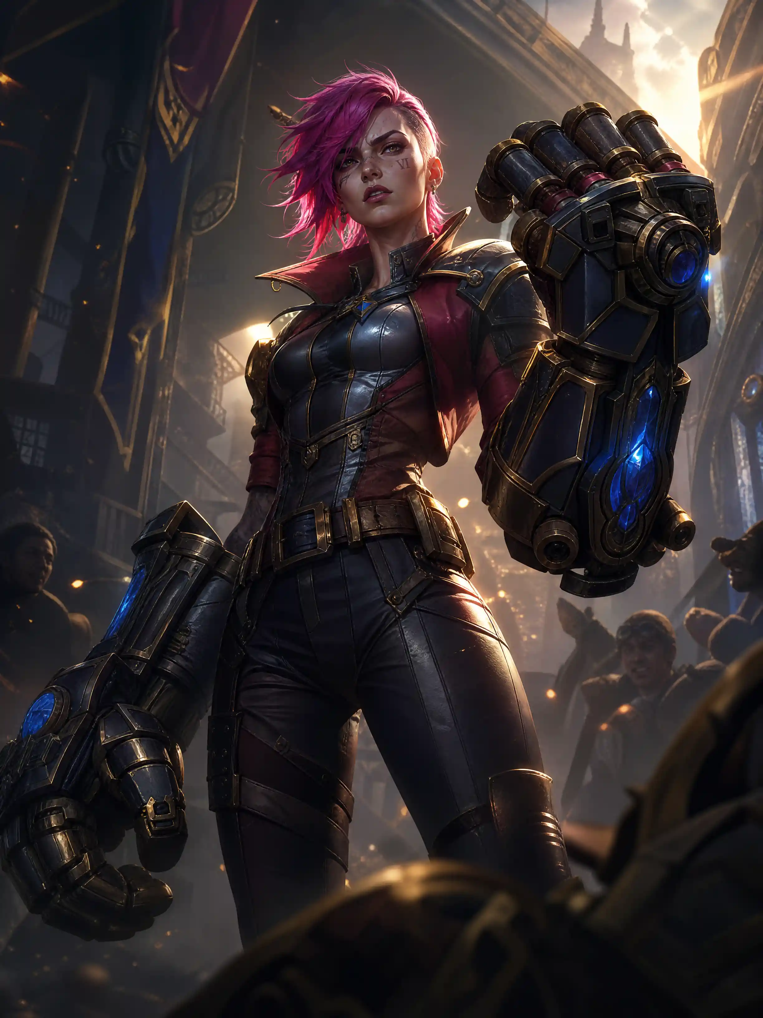 Fantasy warrior woman holding a gadget in dramatic light