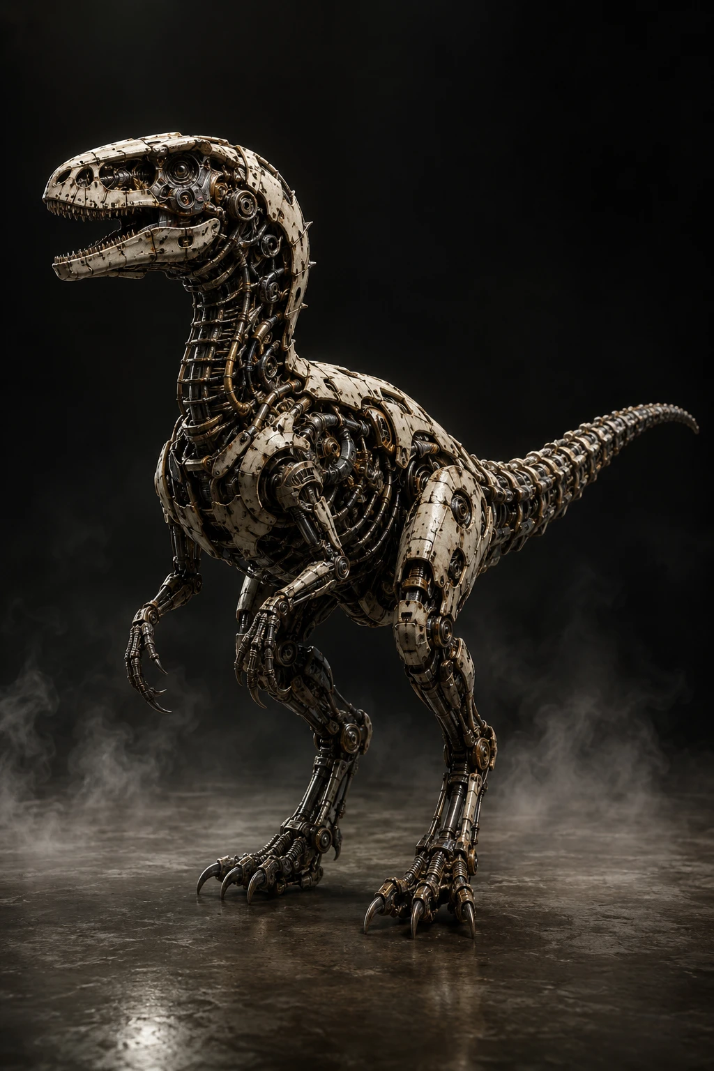 Biomechanical velociraptor robot in a dark industrial studio