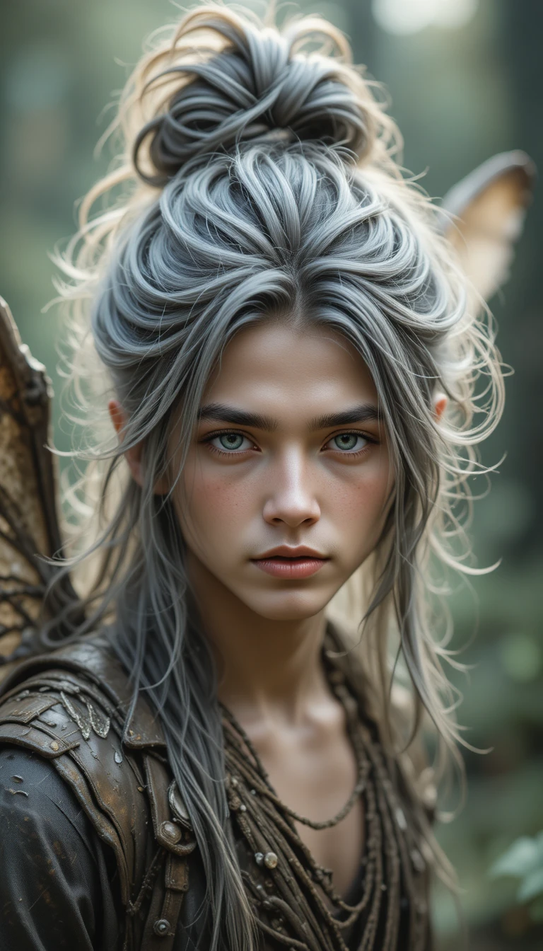 Bohemian male fairy with wings and pale green eyes