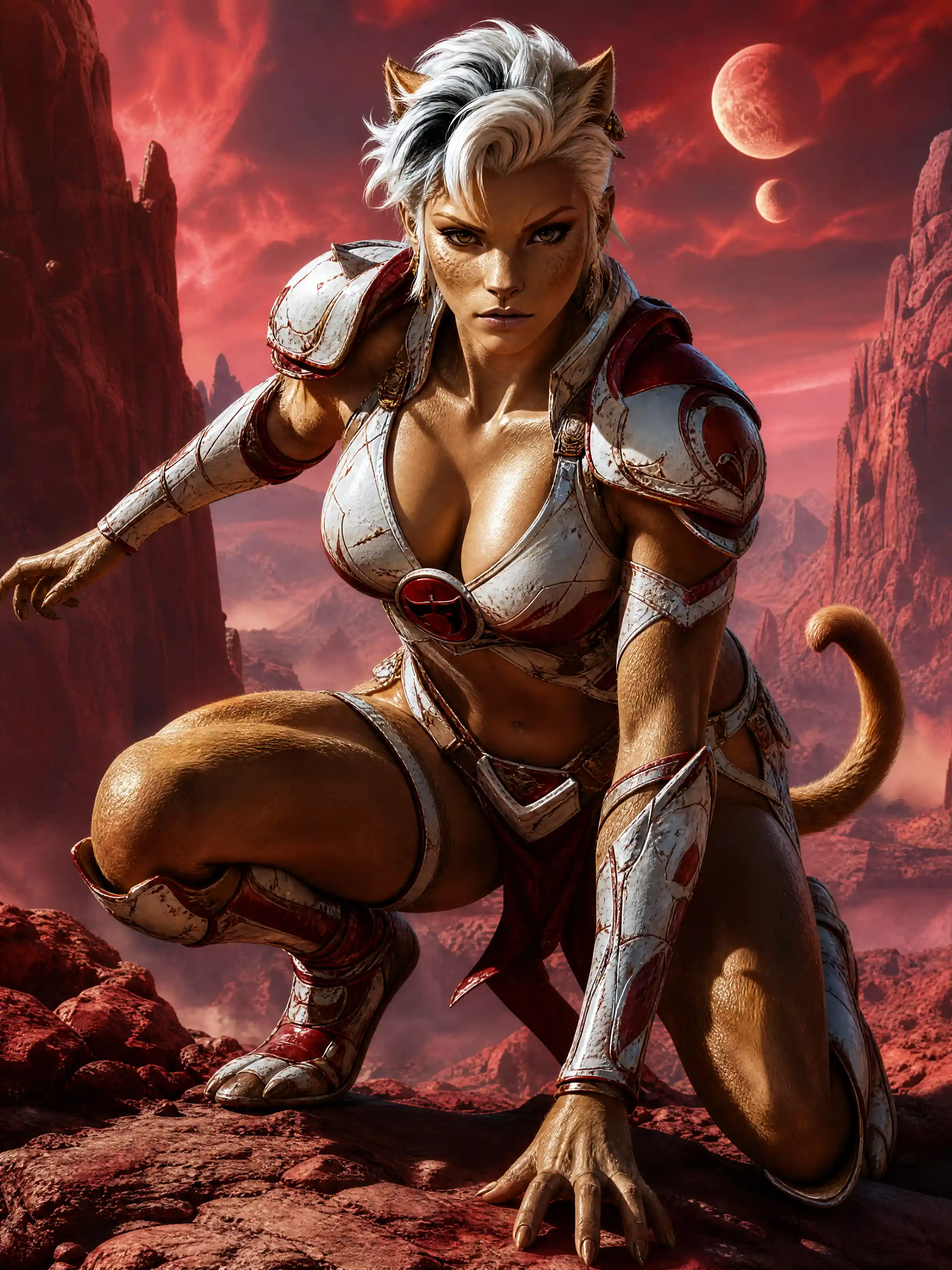 Feline warrior woman in armor in a crimson canyon