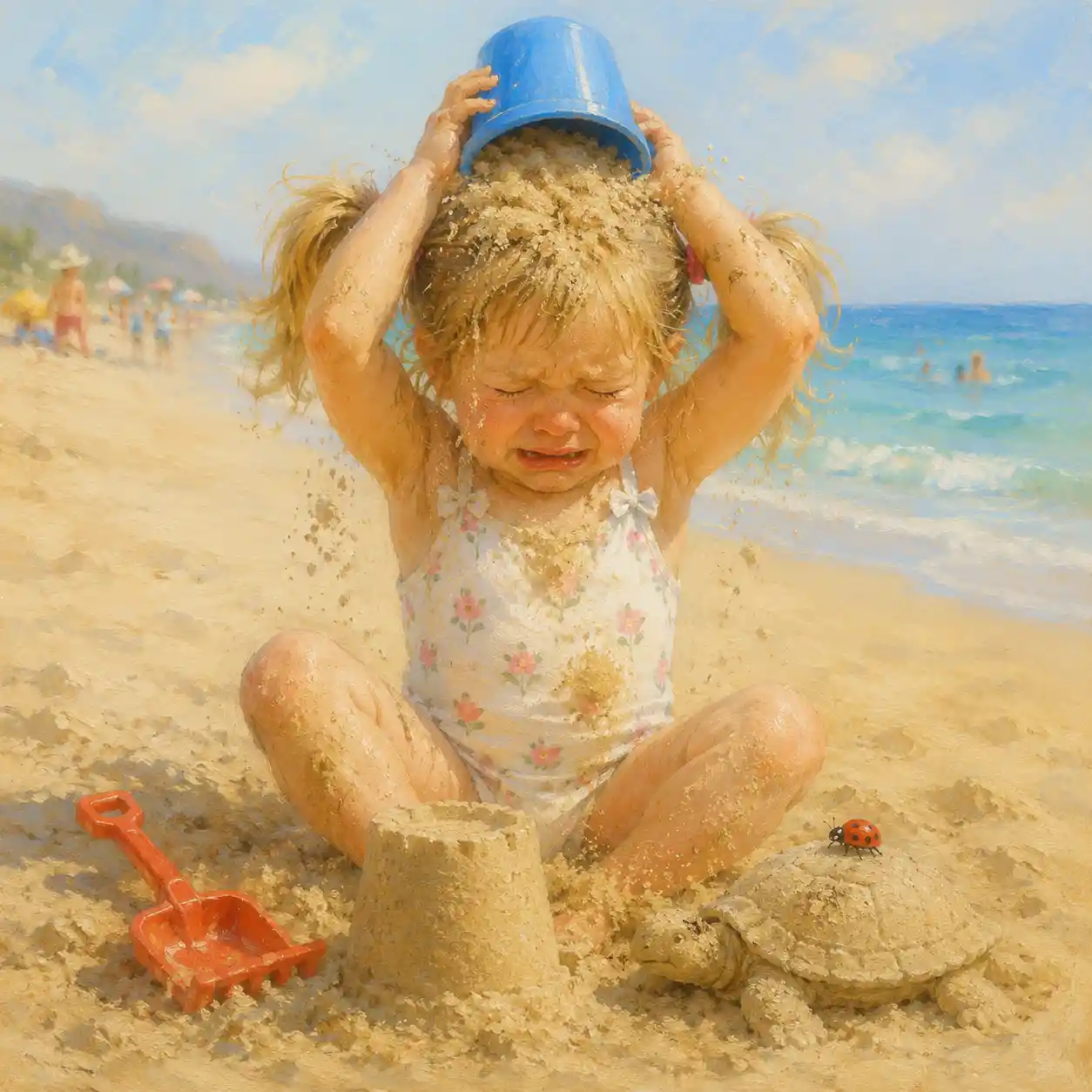 Little girl playing with sand on a sunny beach