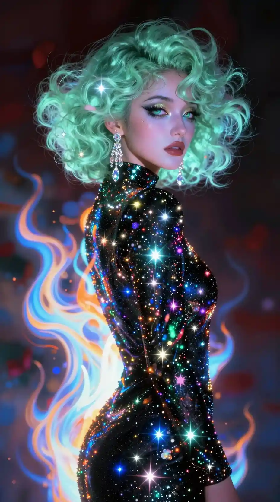 Donna celestiale tra fiamme al neon con abito nero stellato