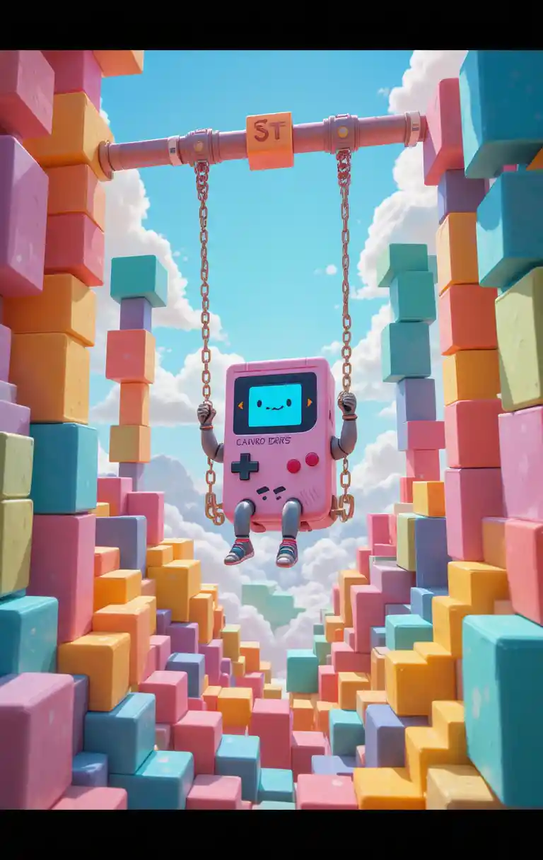 Playful 3D game console automaton swinging in tetris world