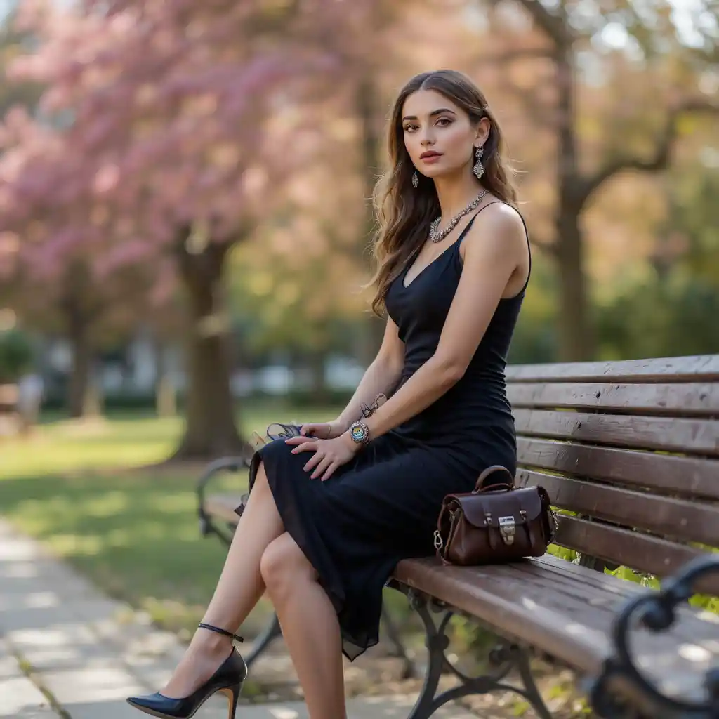 Elegant Greek woman in a midi dress sitting in a city park