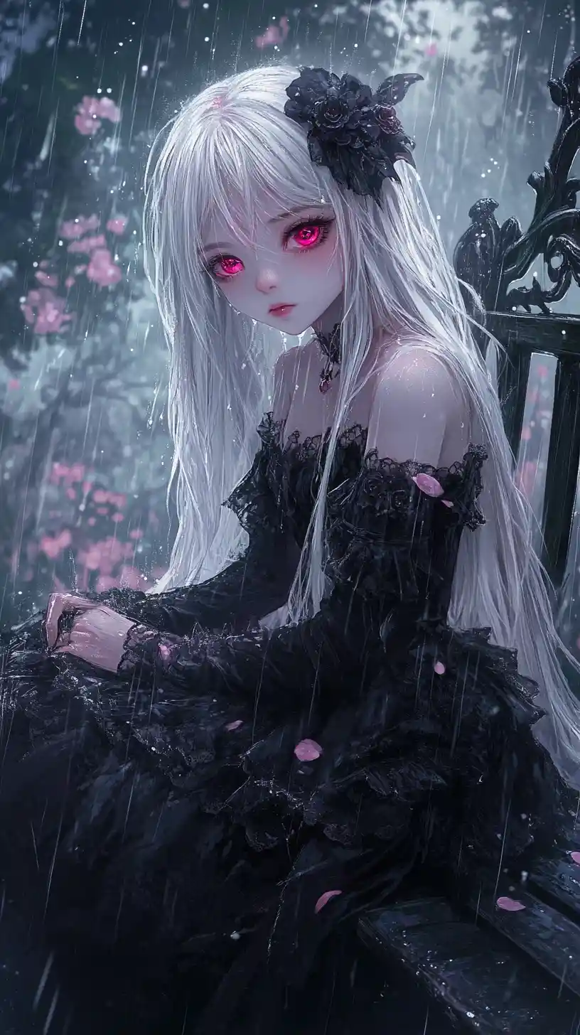 White haired anime girl on a bench in the rain
