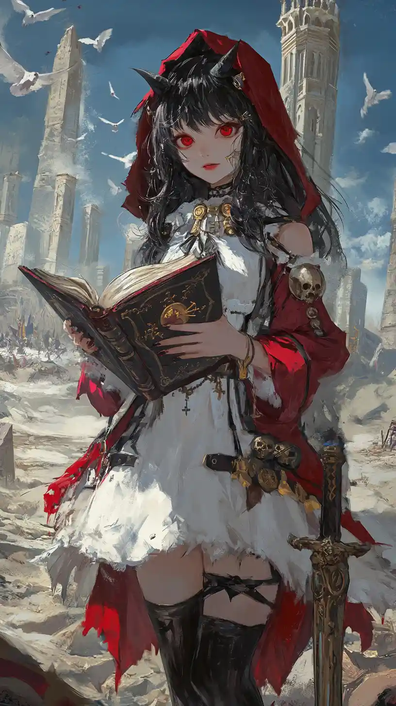Anime girl with demonic book before ruined desert castle at dusk