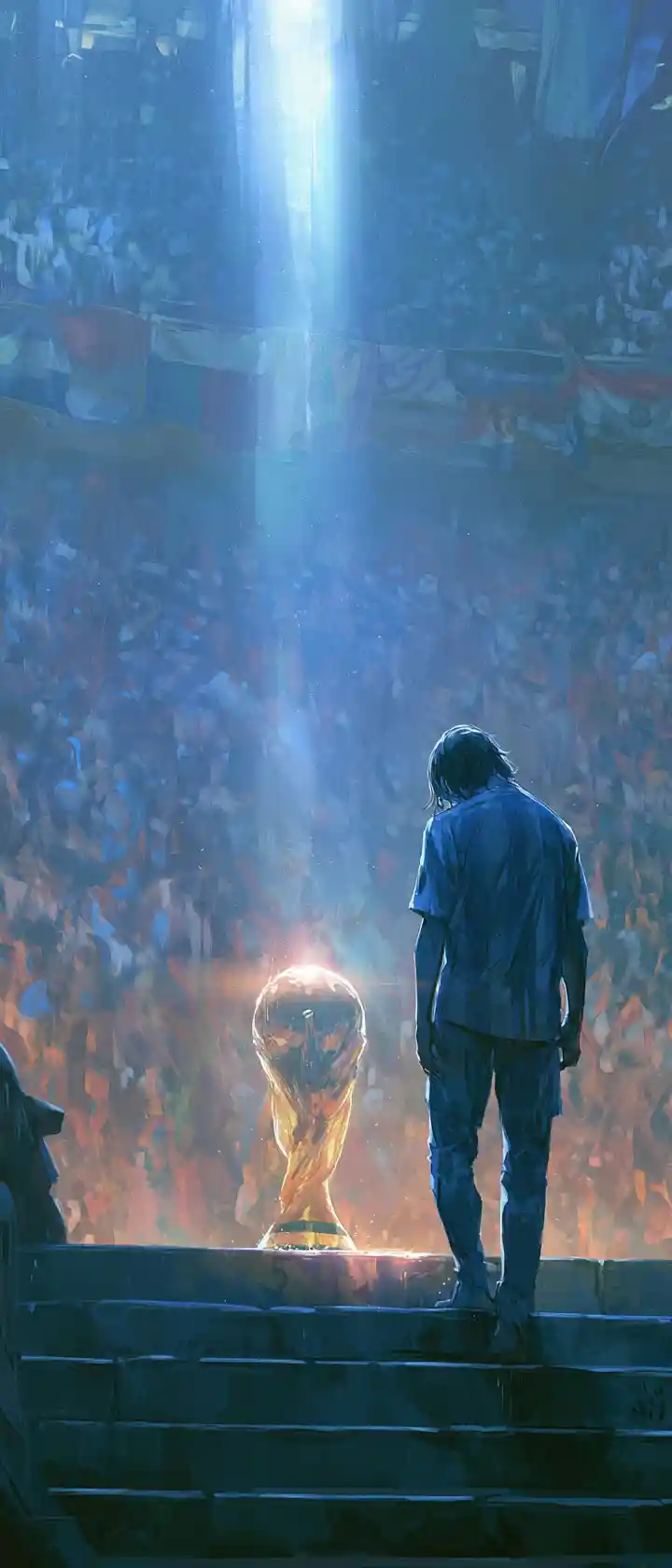 Heartbroken soccer player passing glowing world cup trophy