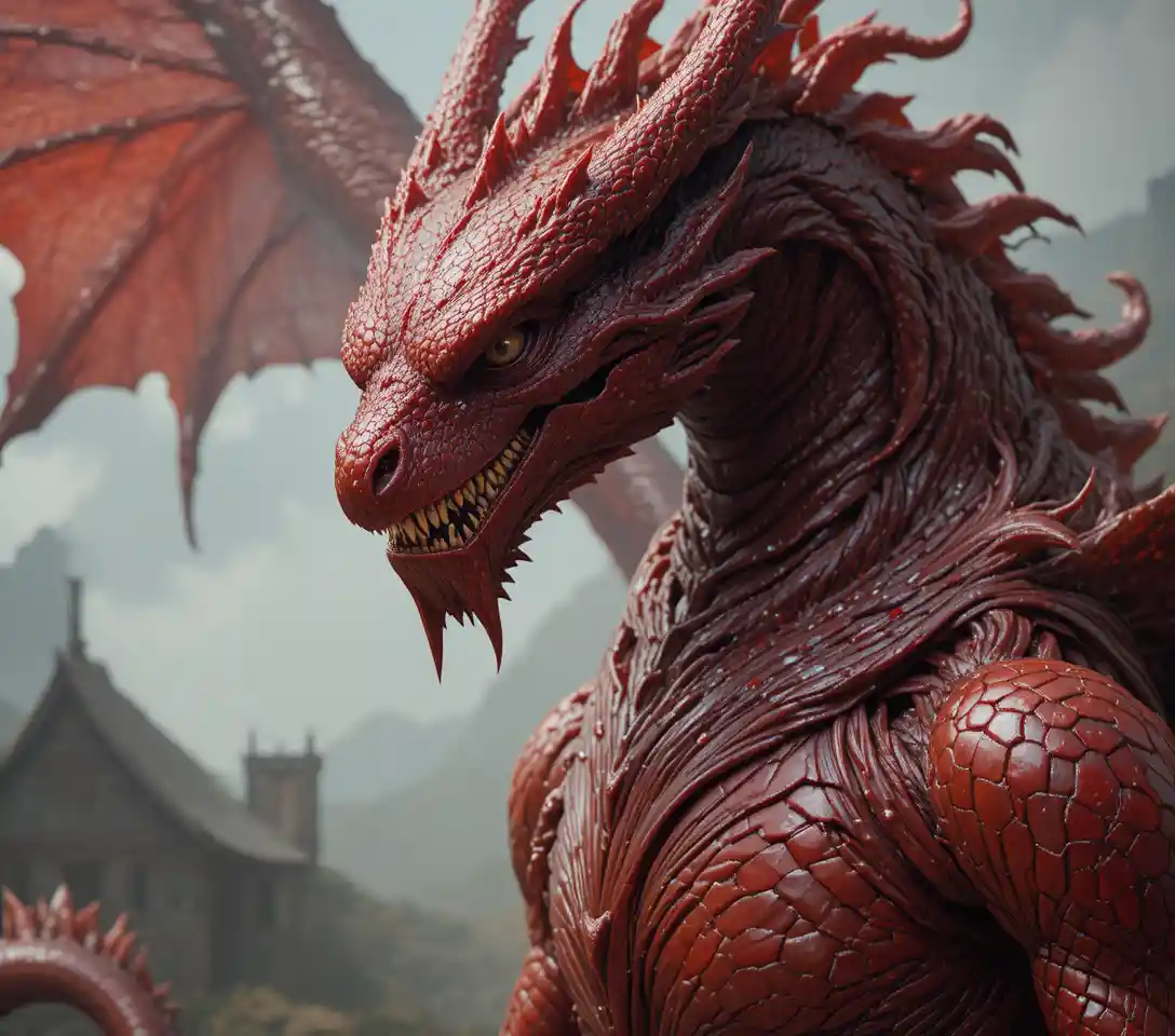 Giant crimson wyvern crawling forward in a full body view
