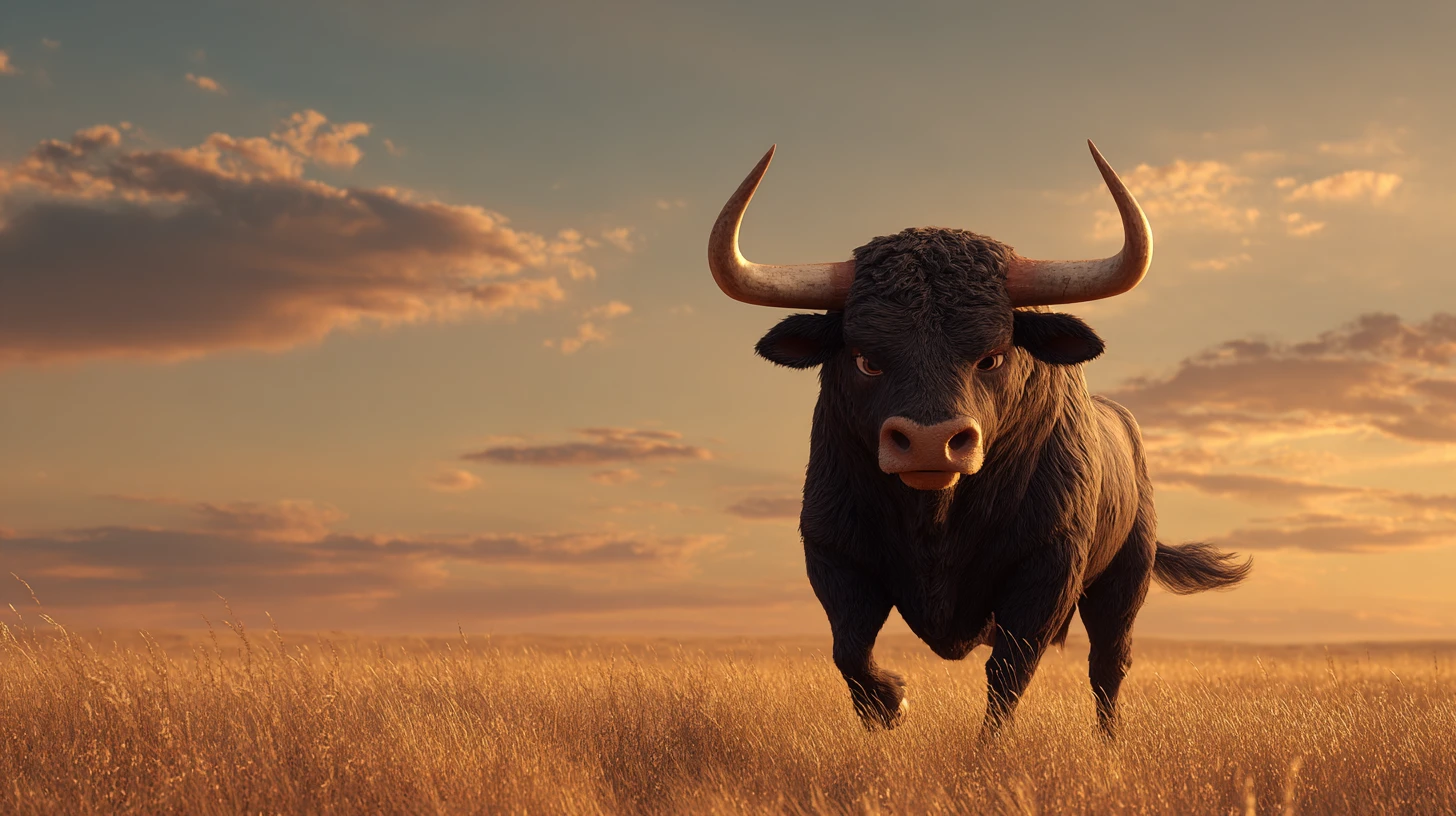 Spanish fighting bull standing in a Castilian plain at sunset