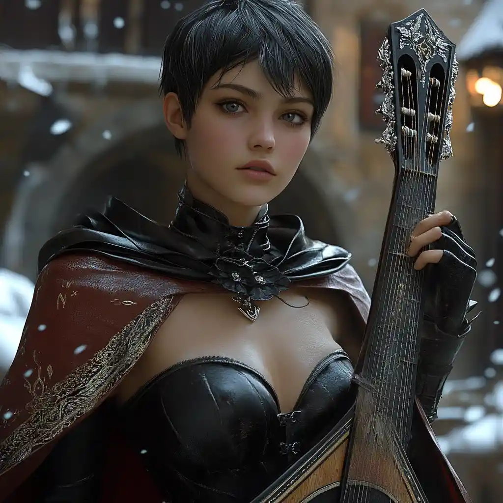 Dark fantasy bard woman with silver eyes and lute