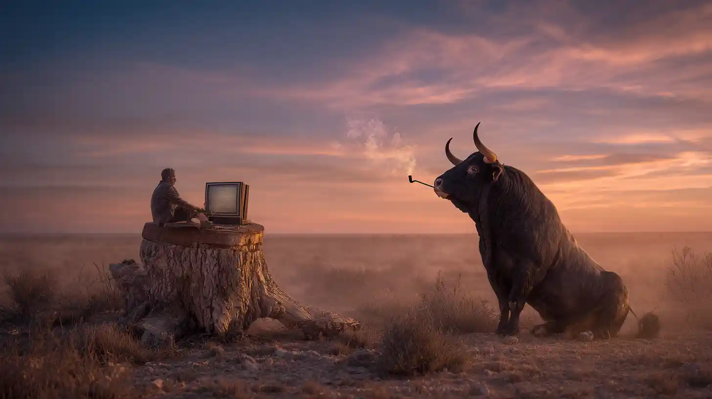 Toro spagnolo che guarda la televisione su una pianura al tramonto
