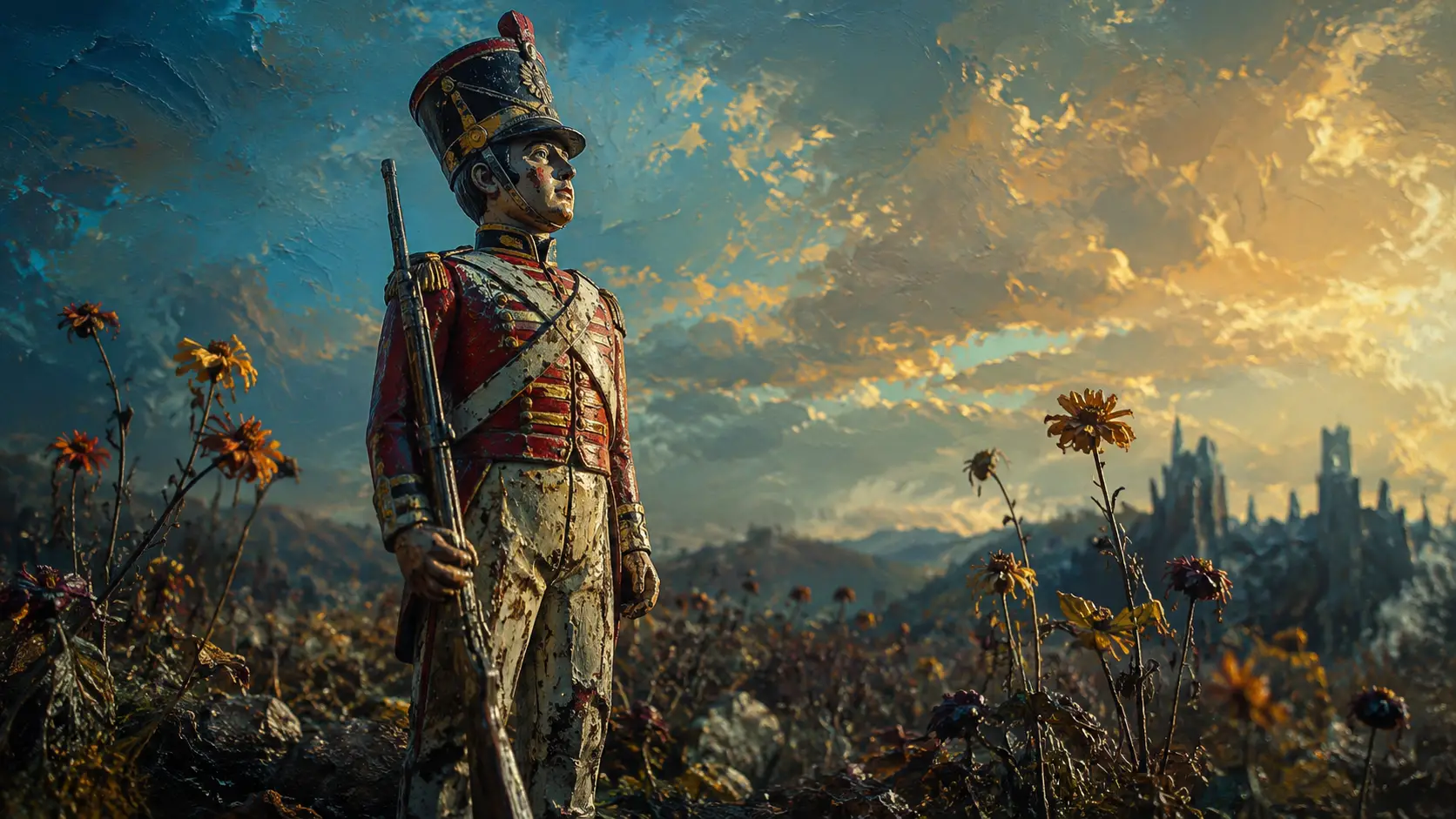 Toy Soldier Guarding Wilting Wildflowers On Misty Battlefield