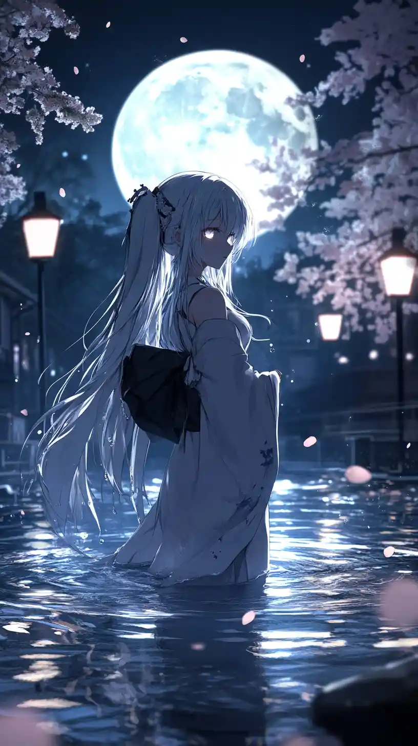 White haired anime girl in kimono under full moon